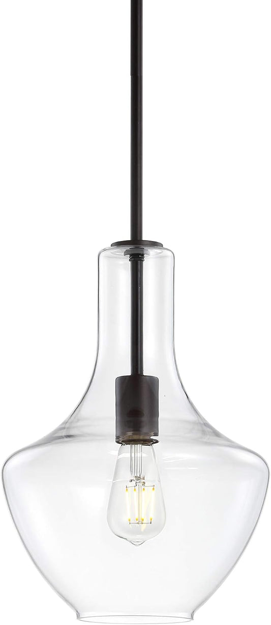 JONATHAN Y Watts Schoolhouse 10.5" Pendant Light, Oil Rubbed Bronze/Clear | 1-Light, Mid-Century Modern Style, Metal Hanging Lamp, Adjustable, Kitchen Island Fixture, Glass Shade, LED Bulb Included