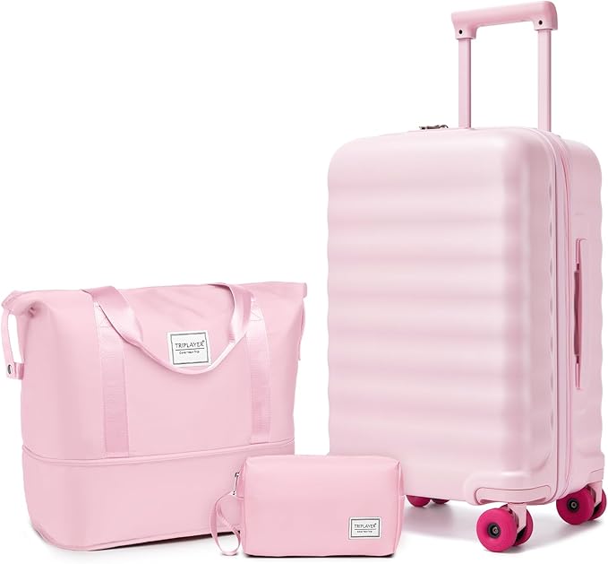 Luggage Sets 3 Piece, Carry On Luggage 22x14x9 Airline Approve PC Hardside Suitcase Set with Wheels TSA Lock, Durable Carry-On Suitcase with Duffel Bag for Women (Pink)