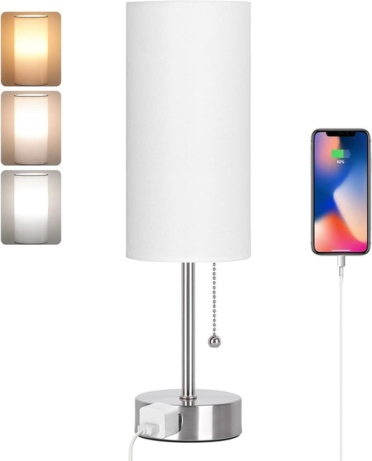 Dott Arts Table Lamp for Bedroom, 3-Color Bedside Lamps with Pull Chain | Bedroom Table Lamps for Nightstand,AC Outlet Small Lamp for Living Room, Bulb Included Nickel