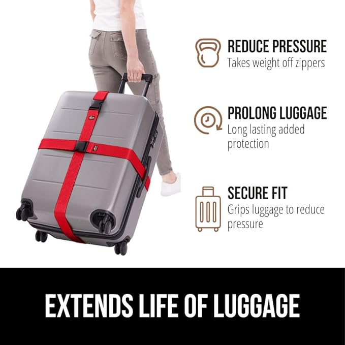 GORILLA GRIP Heavy Duty 8 Pack Adjustable Luggage Straps for Suitcases, Easy to Identify Travel Belt Connector Holds Suitcase Together, Extends Life of Bag, Strap Connects Two Bags, Accessories Red