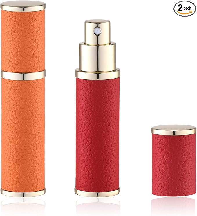 Travel Perfume Bottle Refillable - Mini Portable Cologne Atomizer Sprayer - Empty Travel Size Fragrance Pump Dispenser Container for Man - 10ml Orange Red 2PCS Small Leather Refill Sample