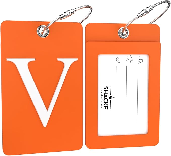 Shacke Luggage Tag Initial – Fully Bendable Tag w/Stainless Steel Loop - Orange (Letter V)