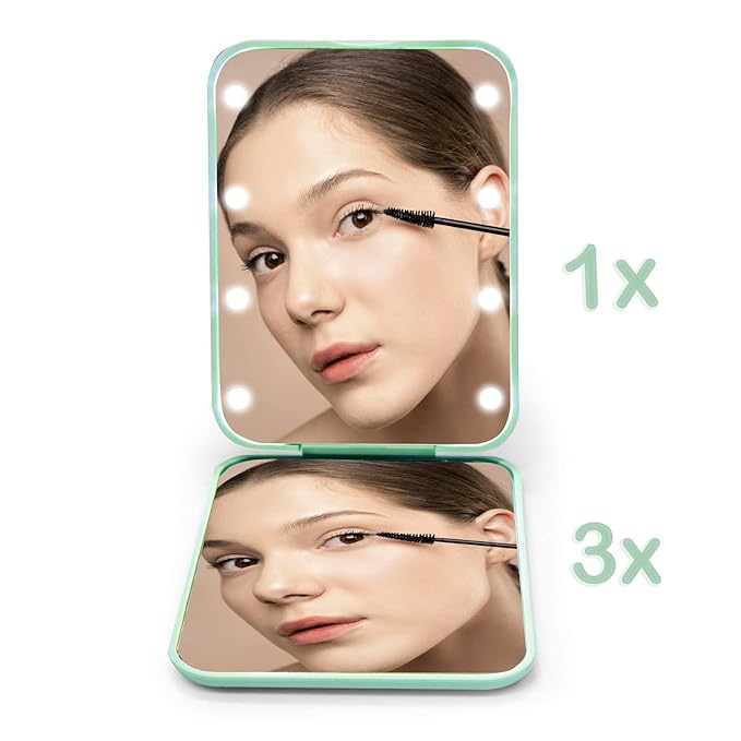 Kintion Pocket Mirror, 1X/3X Magnification LED Compact Travel Makeup Mirror with Light for Purse, 2-Sided, Portable, Folding, Handheld, Small Lighted Mirror for Gift, Cyan