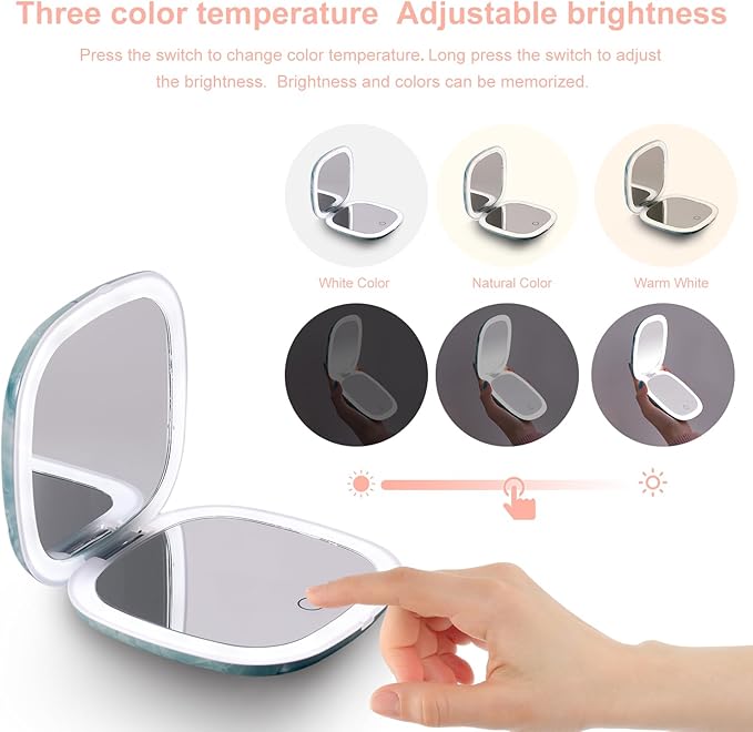Mocado Compact LED Travel Makeup Mirror - 4 Inches 1X/10X Magnification Travel Mirror with Light Dimmable Double Sides Lighted USB Rechargeable Compact Mirror for Purse,Pocket,Travel(Green Marble)