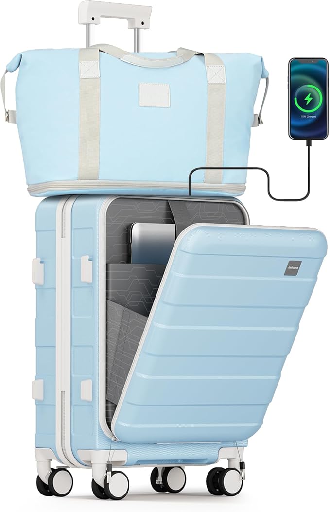 imiomo Carry on Luggage Airline Approved with Front Pocket and USB Port, Hard Shell 20 Inch Travel Carry-on Suitcase with Spinner Wheels and TSA Lock, Lightblue
