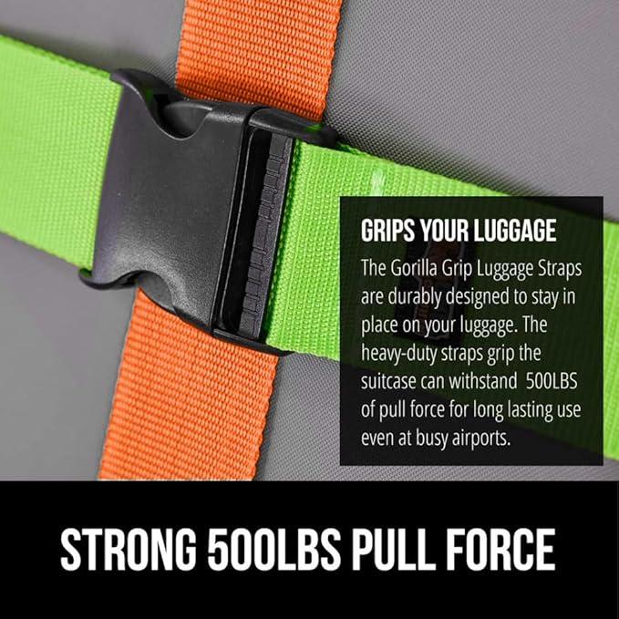 GORILLA GRIP Heavy Duty 4 Pack Adjustable Luggage Straps for Suitcases, Easy to Identify Travel Belt Connector Holds Suitcase Together, Extends Life of Bag, Strap Connects Two Bags, Green and Orange