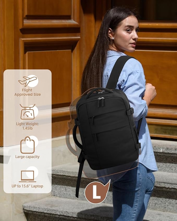 Pritent Travel Backpack for Women Man, Waterproof Personal Item Travel Bag Airline Approved Laptop Backpack Bookbag Weekender bags for Business,Travel, Work Fits 15.6 inch Laptop(Medium,Black)