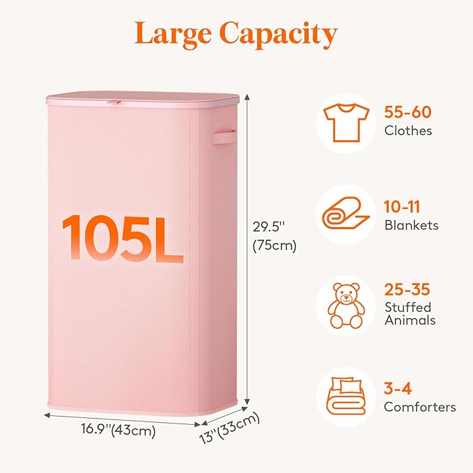 Lifewit 105L Large Laundry Basket with Lid, Laundry Hamper with Plastic Handles and Removable Bag, Foldable Tall Dirty Clothes Hampers for Laundry for Laundry Room, Bedroom, Bathroom, Dorm, Pink
