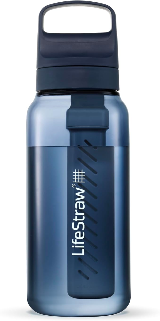 LifeStraw Go Series – BPA-Free Water Filter Bottle for Travel and Everyday use removes Bacteria, parasites and microplastics, Improves Taste, 1L 2-Pack; Icelandic Blue and Aegean Sea