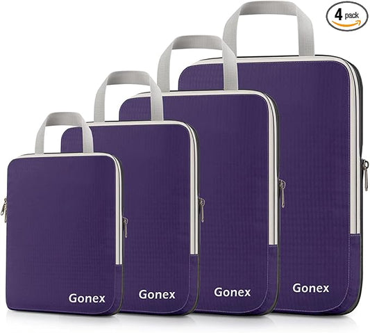 Gonex Compression Packing Cubes, 4pcs Expandable Storage Travel Luggage Bags Organizers (Purple)