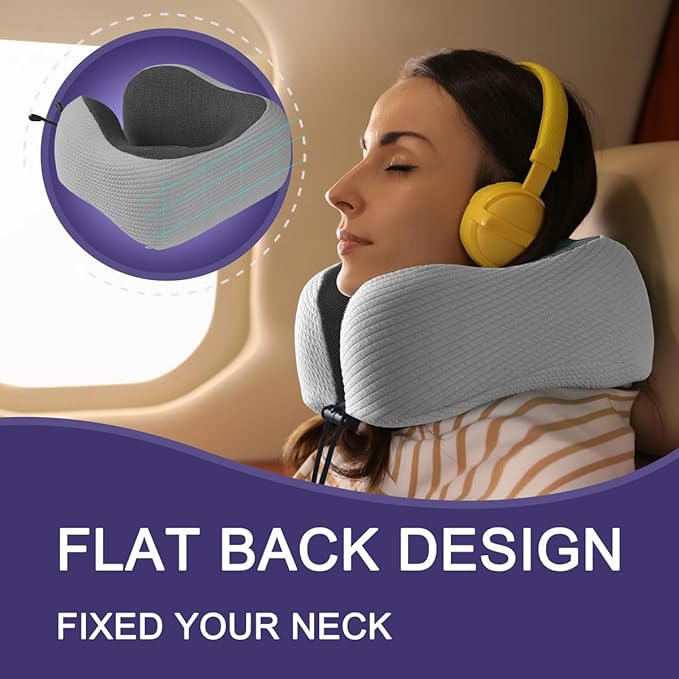 napfun Neck Pillow for Travel with Travel Pouch, Sleep Mask & Earplugs, Memory Foam Airplane Pillow for Headrest Sleep with Eyeshades, Plane Essentials with Eye Blindfold, Light Gray Striped Kit