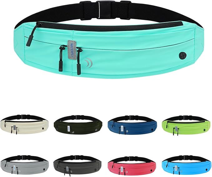 WATERFLY Running Belt Fanny Pack: Runner Marathon Jogging Waist Pack Sport Workout Exercise Fitness Phone Holder Belt for Men Women Jogger Slim Waistband Black