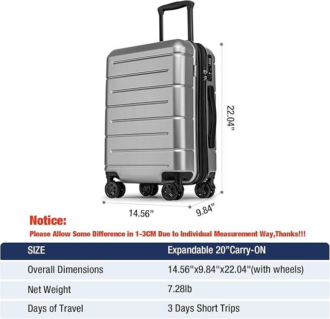 KYME Carry On Luggage 22x14x9 Airline Approved Hardshell 20 Inch with TSA Lock Carry On Suitcase with Wheels Small Travel Rolling Luggage with Cup Holder for Women Men Silver