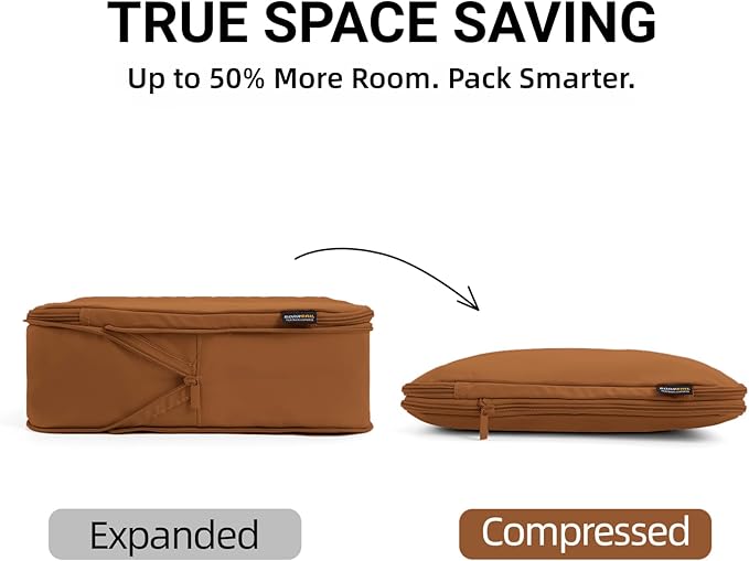 4 Piece Compression Packing Cubes for 3–7 Day Travel, Lightweight Travel Organizers with Breathable Mesh, Double-Zipper Packing Cubes for Carry-On & Suitcases (Light Brown)