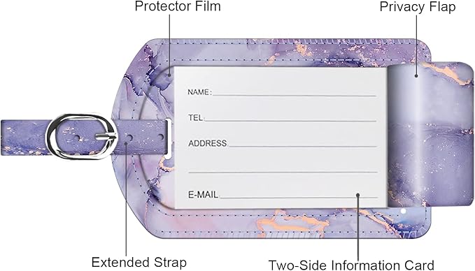 FINTIE 2 Pack Luggage Tags, Leather Name ID Labels with Privacy Cover for Travel Bag Suitcase, Theme - Lilac Marble