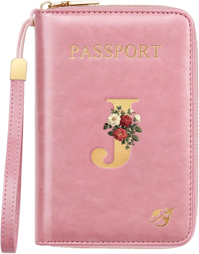 Passport Holder for Travel Personalized Passport Holder Initial Letter Rose Flower RFID Blocking Travel Wallets Credit Cards Holder for Women Men, Pink J
