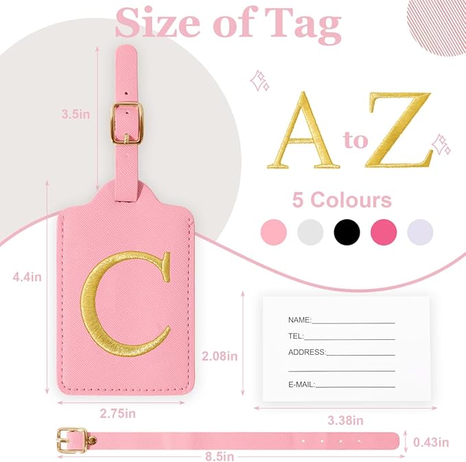 Personalized Initial Luggage Tags for Suitcases,Leather Letter Cute Luggage Tags with Privacy Name Card,Embroidered Monogrammed Travel Bag Backpack Tag Gifts for Women Kids Girls Teens(Pink-C)
