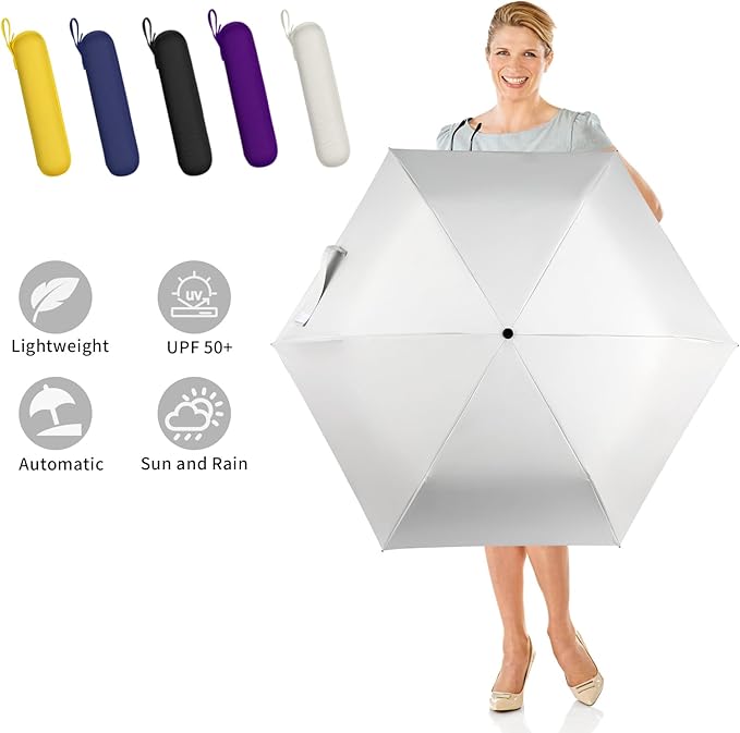 GAOYAING Mini Compact Travel Umbrella with Reflective Safety Stripes, Portable Folding Design with Case