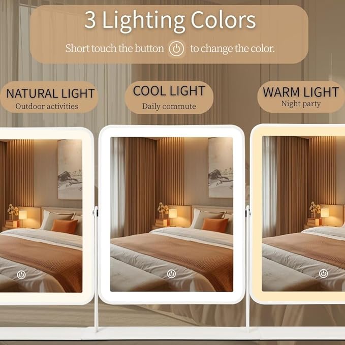 14" X12" LED Vanity Mirror with Lights, 3-Color Dimmable Touch Control, Large Lighted Makeup Mirror, USB-Rechargeable Cordless Design, Sturdy Metal Frame, Oversized Tabletop Mirror, Gift-Ready
