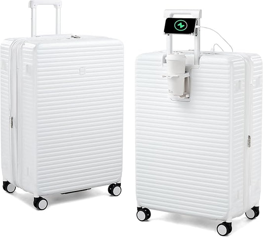 HanTrip 28 Inch Luggage Hard Shell Suitcases, Expandable Travel Checked Luggage 28 Inch, Large Check In Luggage with Spinner Wheels Cup Holder Charger Built in Lightweight Suitcase, White