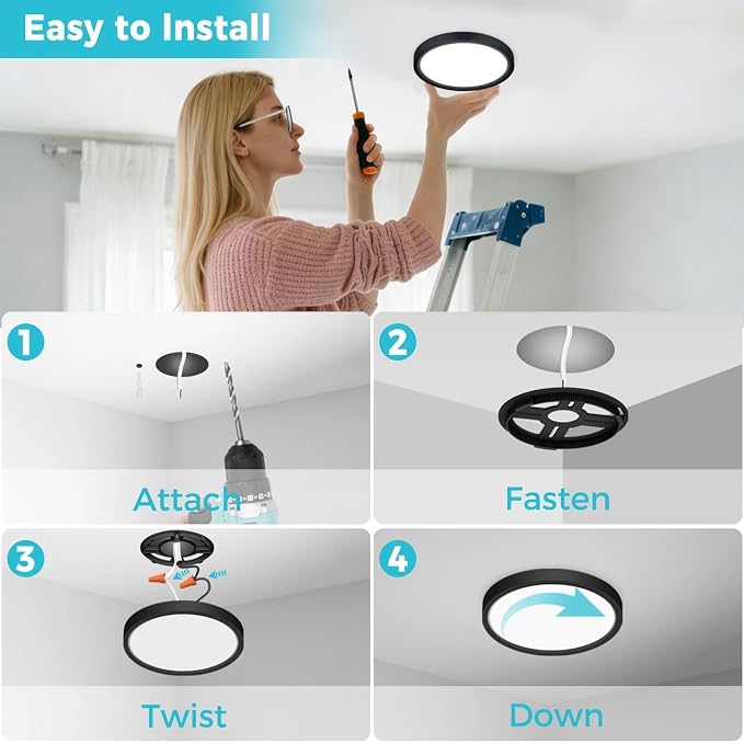 libtit 6Pack 13inch LED Flush Mount Ceiling Light, Dimmable & 5Color Temperatures (3000K-6500K), 24W Round Slim Black Light Fixture for Bedroom Livingroom Garage Kitchen