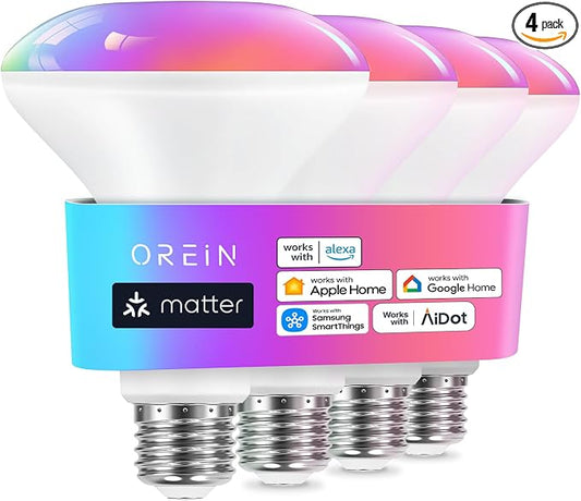 OREiN Matter BR30 Smart Light Bulbs, 60W 650lm RGBTW Color Changing, 4 Pack | LED Light Bulb Compatible with Alexa, Apple Home, Google Home, SmartThings, 2.4Ghz WiFi only Smart Bulbs, E26 Base