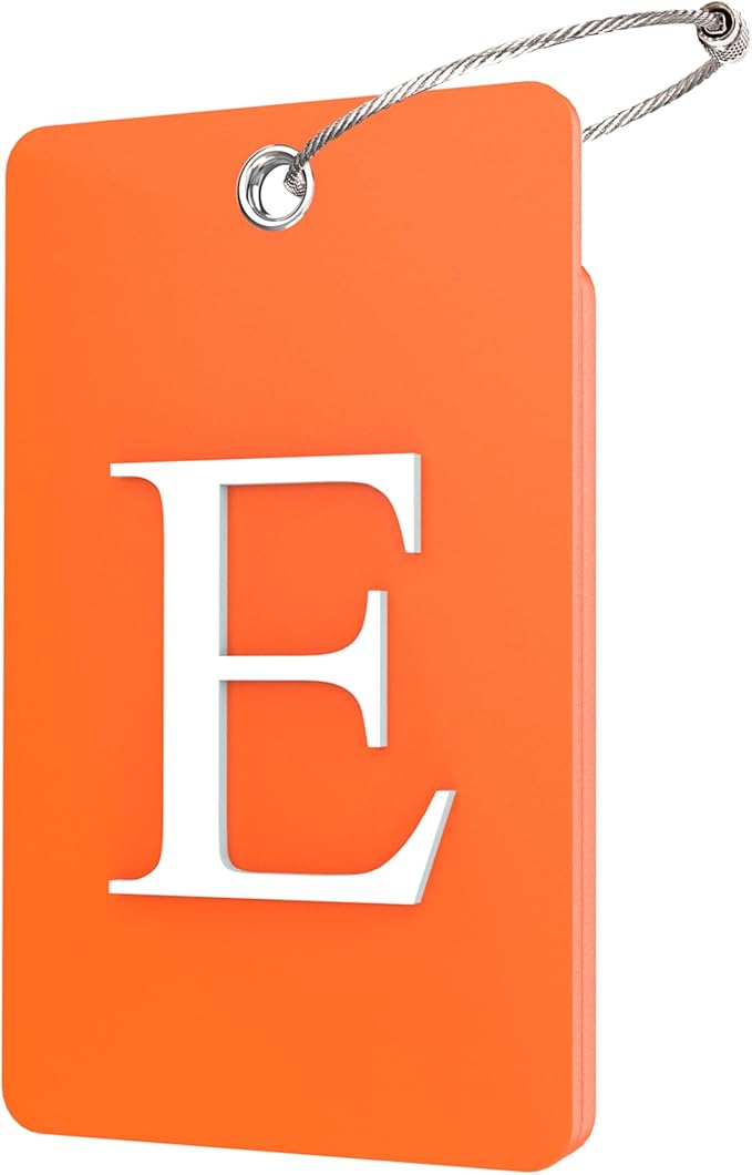 Gostwo 2 Pack Luggage Tags for Suitcases, 26 Initial Letter Travel Luggage Baggage Identification Labels ID Tag Fully Bendable Tags with Stainless Steel Loop (Orange) (Letter E)