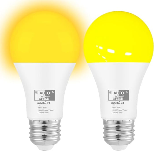Qualilux Dusk to Dawn Light Bulbs, Auto On/Off Light Sensing LED Bulbs Outdoor, Amber Yellow Bug Light, A19 2-Pack, 12W 800LM 60W Equivalent, HQ-H019