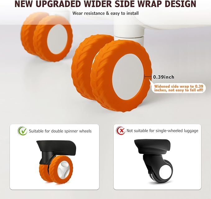 XYOFUN Luggage Compartment Wheel Protection Cover - Upgraded 8-Pack Anti Dust & Scratch Noise Reduction Carry On/Travel Suitcase Wheel Protector - For 2-2.4" wheels - Orange