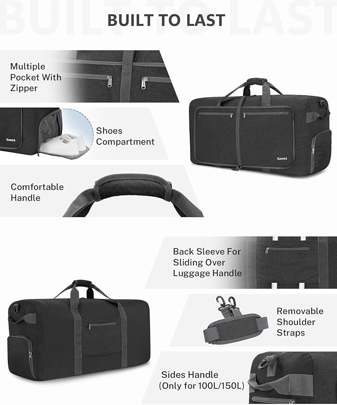 Gonex 40L 60L 80L 100L 150L Large Foldable Travel Duffle Bag with Shoes Compartment, Packable Lightweight Water Repellent Duffel Bag for Camping Gym Weekender Bag