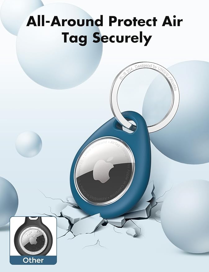 UNBREAKcable Holder for Apple AirTag - 4 Pack [Fit Tightly Design] [Easy to Install] [Hold Air Tag Securely] Waterproof TPU Protective Case with 304 Stainless Steel Keychain Key Ring, Black+Blue