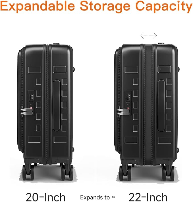 Expandable Lightweight PC Hard Shell Suitcase, 20-inch Carry On Luggage with TSA Lock, 360 Silent Spinner Wheels, Top Opening & Cup Holder - Ideal for Business Travel Suitcase (Black)