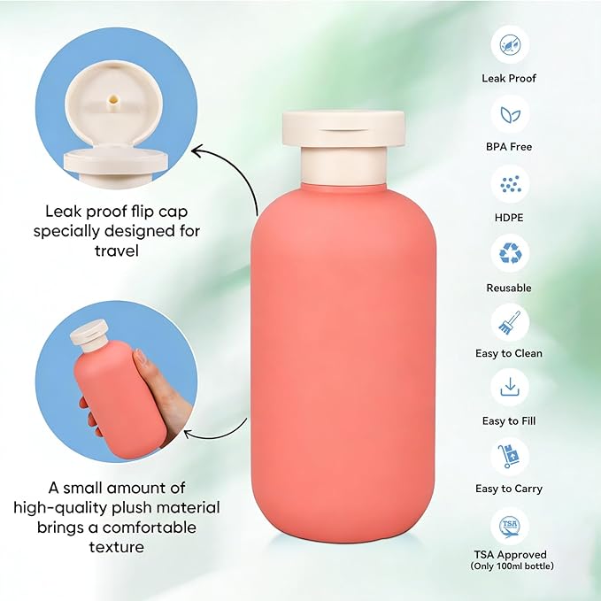 DEMORA 6.6oz Travel Bottles for Toiletries, Larger Plastic Travel Squeeze Bottles Leak Proof Refillable Toiletry Containers with Flip Caps and Labels for Shampoo Conditioner Lotion (Qrange, 4 Pcs)