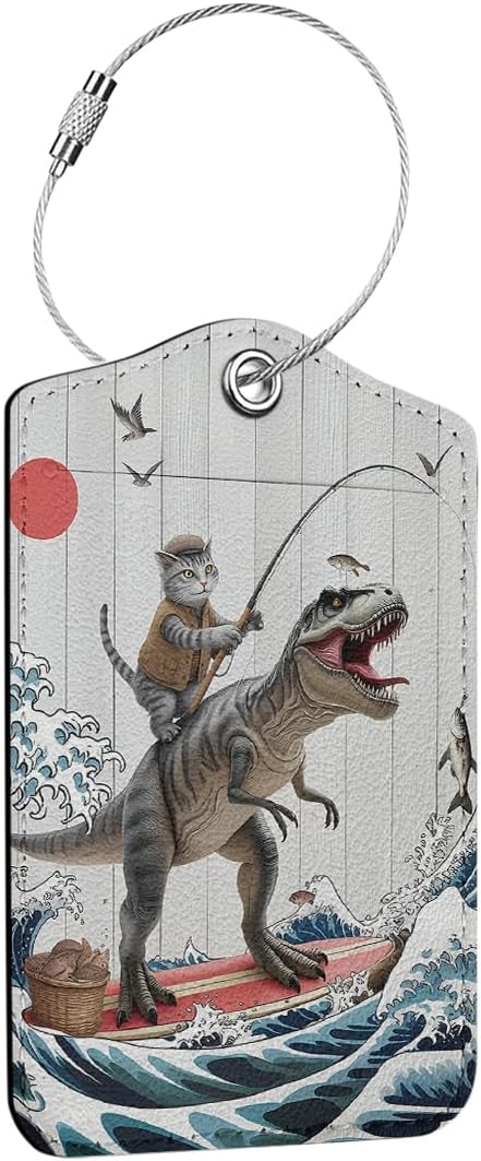 Funny Surfing Cat Riding a Dinosaur Luggage Tag, Suitcase Tags with Privacy Flap and Metal Loop, Luggage Tags for Suitcases, Identifiers Travel Essentials Bag Tag, Cat Lovers Gifts for Women Friends