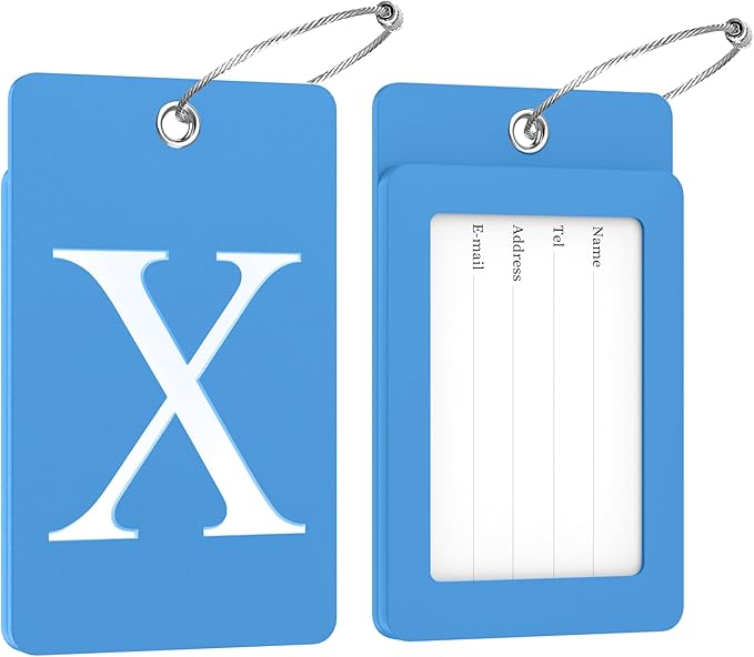 Gostwo 2 Pack Luggage Tags for Suitcases, 26 Initial Letter Travel Luggage Baggage Identification Labels ID Tag Fully Bendable Tags with Stainless Steel Loop (Blue) (Letter X)