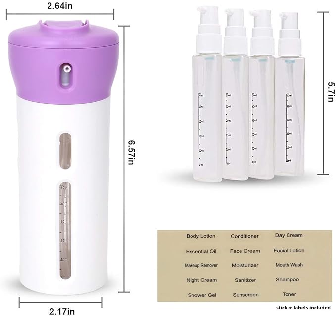 Travigo 4-in-1 Travel Dispenser Bottle, TSA Approved, Leak Proof, Four Reusable 1.4 oz. (40 mL) Toiletry Containers for Shampoo, Conditioner, Soap, Lotion, Skincare (Purple)