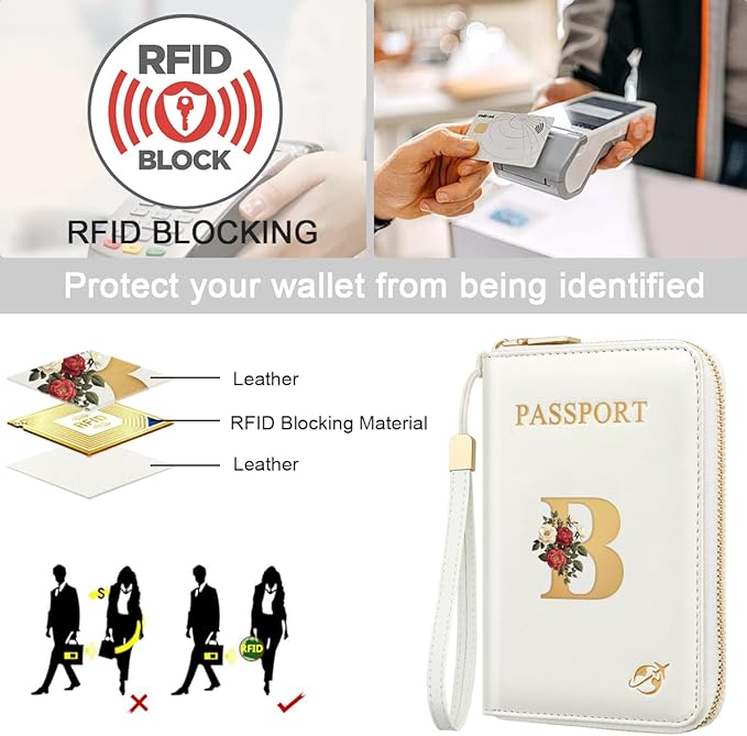 Passport Holder for Travel Personalized Passport Holder Initial Letter Rose Flower RFID Blocking Travel Wallets Credit Cards Holder for Women Men, White B
