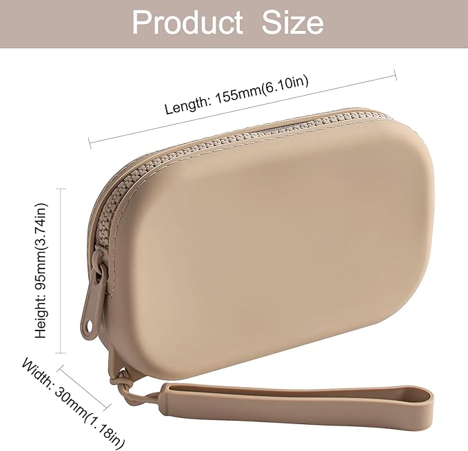 Small Silicone Multifunctional Essential Bag Portable Travel Makeup Bag for Women Men Cards Cash Bag Zipper Pouch (Khaki)