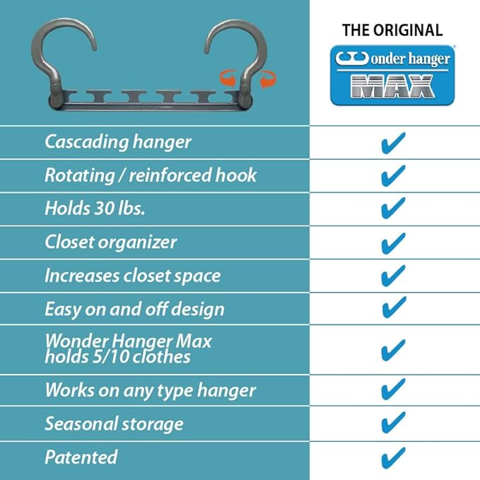 Wonder Hanger Max 20-Pack Space Saving Hangers, Reinforced Hooks Swivels 360°, Cascading Hanger, College Dorms & Storage Closet Organizer, Fully Assembled – Grey