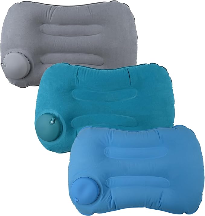 3 Pack Inflatable Camping Pillow - Ultralight Travel Air Pillows for Neck Lumbar Support, Press-to-Inflate Design, Blow Up Pillow for Camping, Hiking, Backpacking (Grey, Malachite Green, Light Blue)