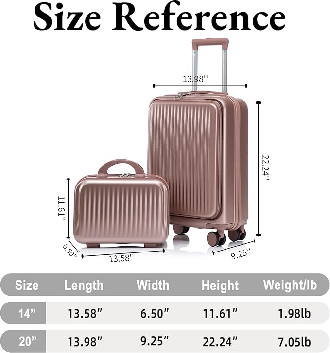 2 Pcs ABS Spinner Luggage Set with Front Opening Design, 14" Cosmetic Case & 20" Carry-On with Combination Lock For Business Trip, Champagne