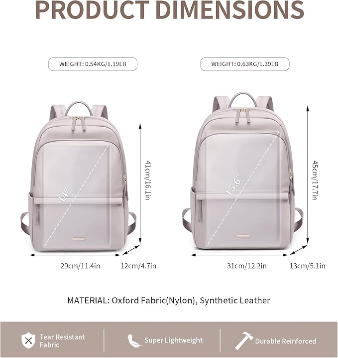 GOLF SUPAGS Laptop Backpack for Women Slim Computer Bag Work Travel College Backpack Purse Fits 15.6 Inch Notebook (Pinkish Gray)