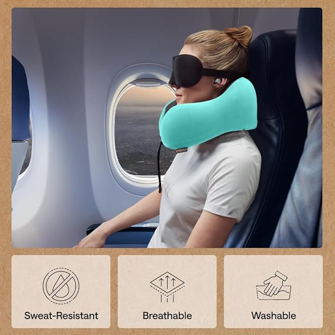 GORILLA GRIP Adjustable Travel Neck Pillow for Airplanes, CertiPUR-US® Memory Foam, Soft Velvet, Cooling Mesh Pillows, Support Headrest for Sleeping, Traveling Essentials, Flight Accessories Turquoise