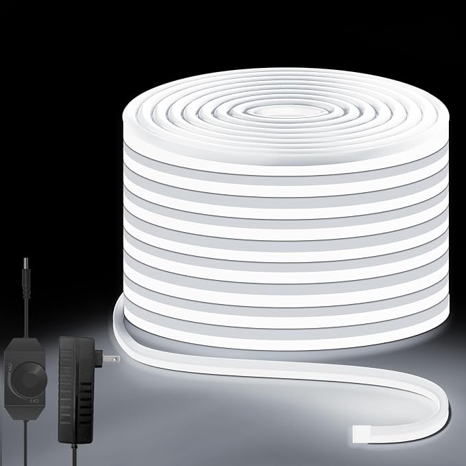Neon Rope Lights, 24VDC Cool White LED Neon Strip Light 32.8ft | Dimmable Flexible Cuttable IP67 Waterproof LED Rope Light for Bedroom, Kitchen, Patio, Yard, Pool, Indoor Outdoor Decor