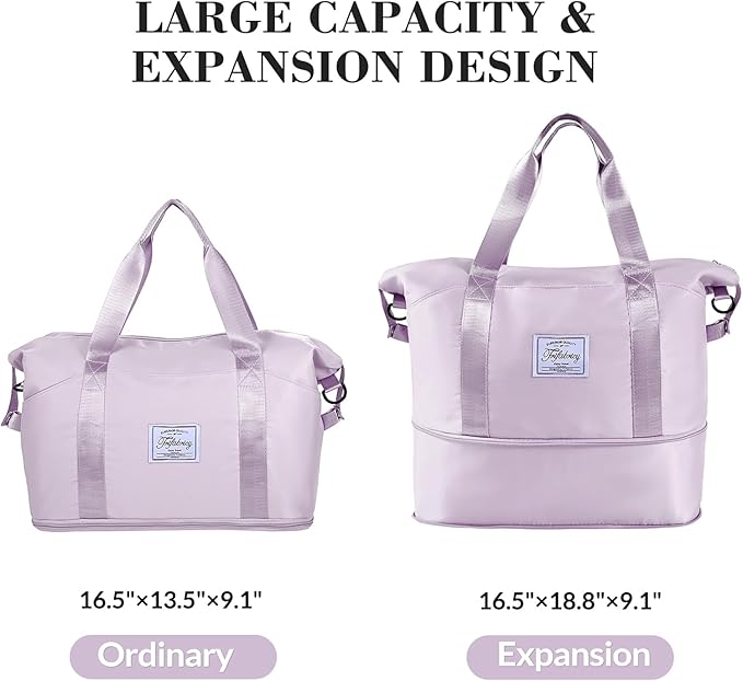 Large Shoulder Weekender Overnight Duffel Bag - Carry On with Wet Pocket, Waterproof Expandable Duffel Bag with Trolley Sleeve, Sports Tote Gym Bag for Women, Purple