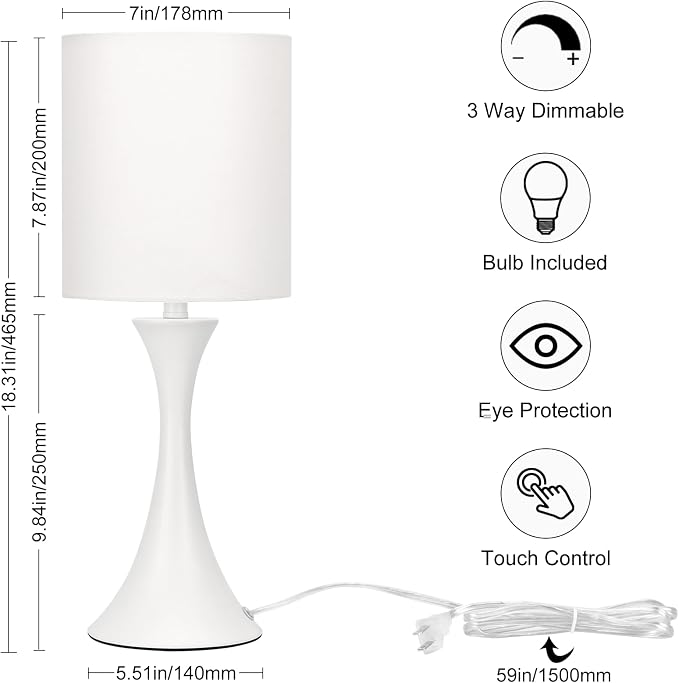 Modern Table Lamps, 3 Way Touch Control Table Lamp, Dimmable Desk Lamp, White Nightstand Lamp with Fabric Shade, Small Bedside Lamp for Living Room, Dorm,Home Office, LED Bulb Included