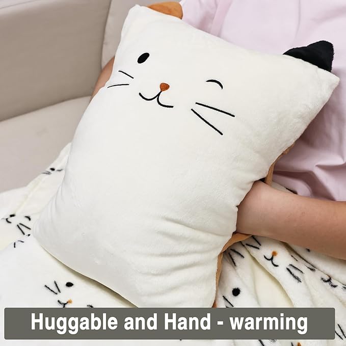 3-in-1 Cat Travel Blanket and Pillow Set for Kids, Soft Snuggle Pillow with Hand Warmer, 40x60 Inch Cute Cat Blanket, Compact for Travel, Camping, Home and Office
