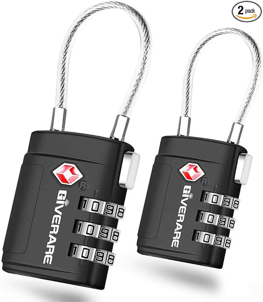 2 Pack TSA Approved Luggage Locks, Cable Travel Lock Alloy, Set Your Own Combination Metal Suitcase Zipper Padlock, 3-Digit Long Shackle Padlocks for Gym Locker, Golf Bag, Case Anti Theft-Black