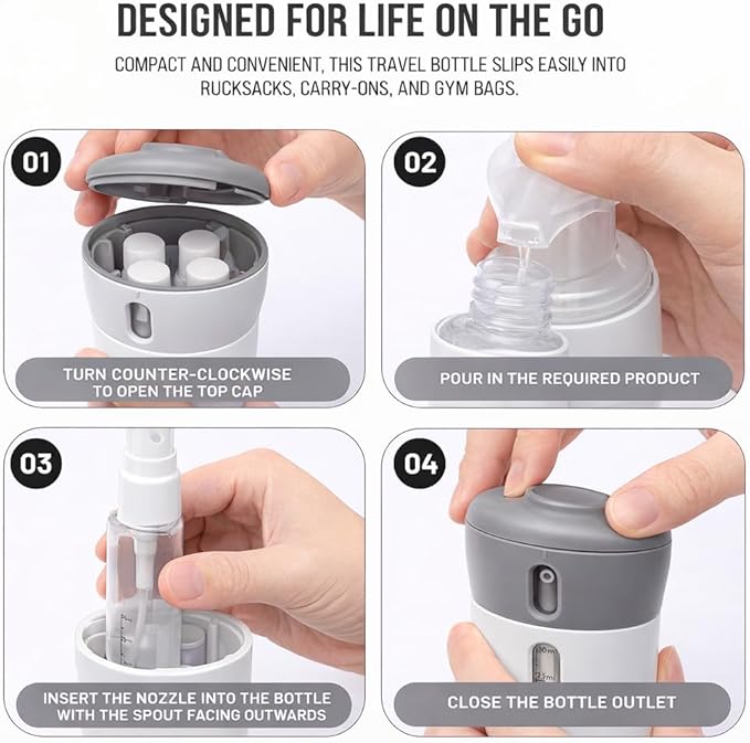 Travigo 4-in-1 Travel Dispenser Bottle, TSA Approved, Leak Proof, Four Reusable 1.4 oz. (40 mL) Toiletry Containers for Shampoo, Conditioner, Soap, Lotion, Skincare (Gray)