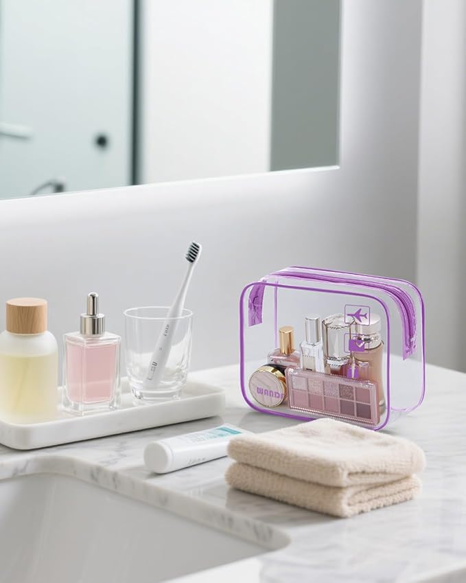 WANDF TSA Approved Toiletry Bag, 2 Packs Travel Clear Toiletry Bag, Quart Size Makeup Cosmetic Pouch with Zipper, Carry-On Airport Compliant Bag for Women and Men (2pcs Purple)